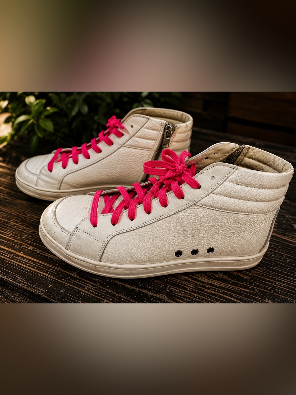 P448 White Leather High Top Sneakers Pink Laces Side Zip EU 37 US 7